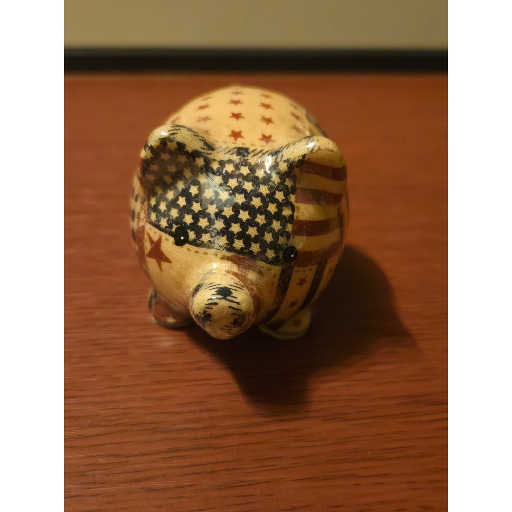 Vintage Americana Decoupage Pig Figurine Patriotic Stars Stripes Patchwork Small